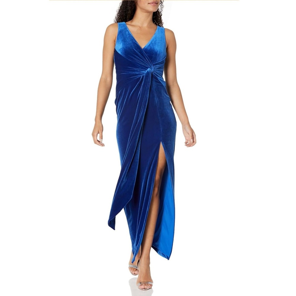 Aidan Mattox by Adrianna Papell Blue Velvet Twist Maxi Gown Dress Womens 6 NWT